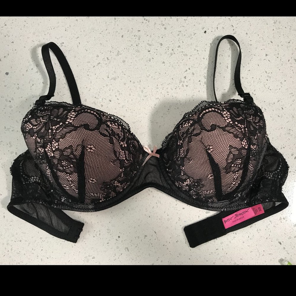 32D Betsey Johnson Pink/Black Lace Bra